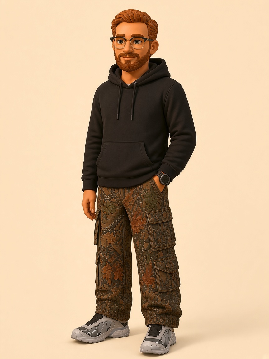Clay portrait of Colton Fouch in a black hoodie, camouflage cargo pants, and trail sneakers.